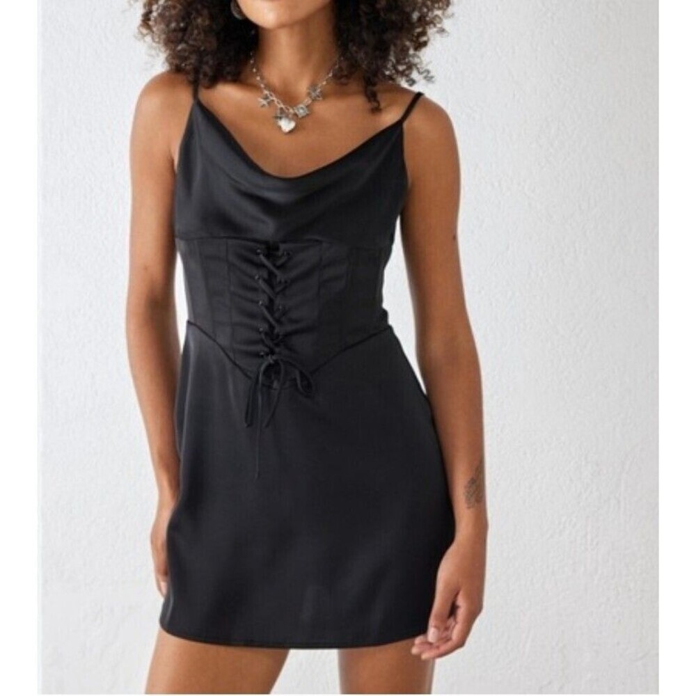 Urban Outfitters Black Satin Corset Mini Dress Lace Up Cowl Neck Slip Medium